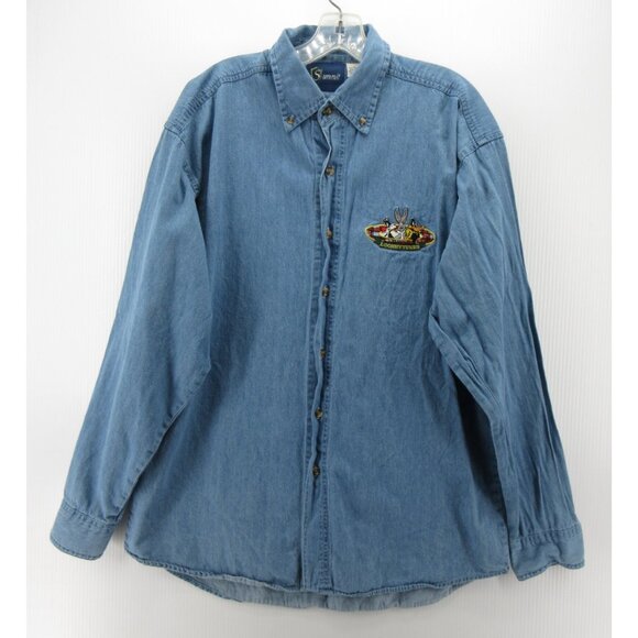 VINTAGE Looney Tunes Shirt Large Bugs Taz Daffy Warner Bros 90s Denim - Picture 2 of 13